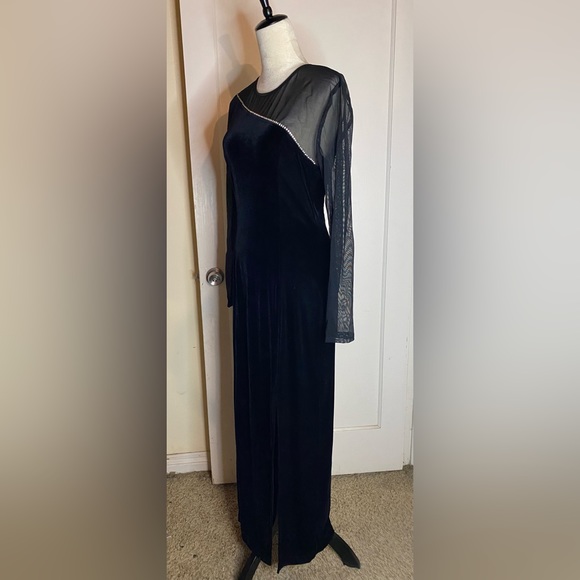 Vintage 90’s Velvet Maxi Dress Mesh Long Sleeves with Side Slit barbiecore noir - Picture 8 of 8